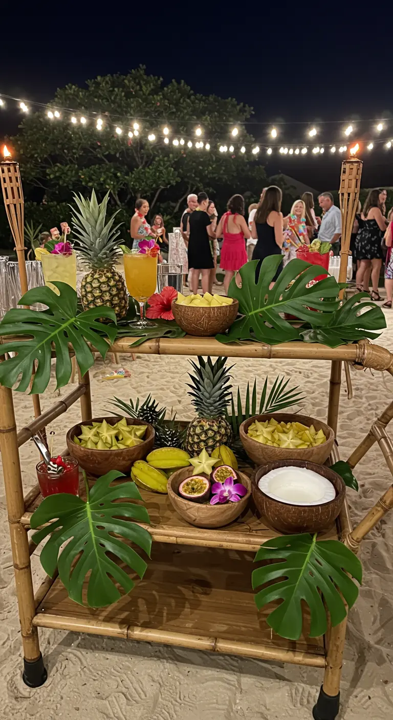 Tropische Cocktail-Garnish-Station auf einem Bambus-Servierwagen am Strand.