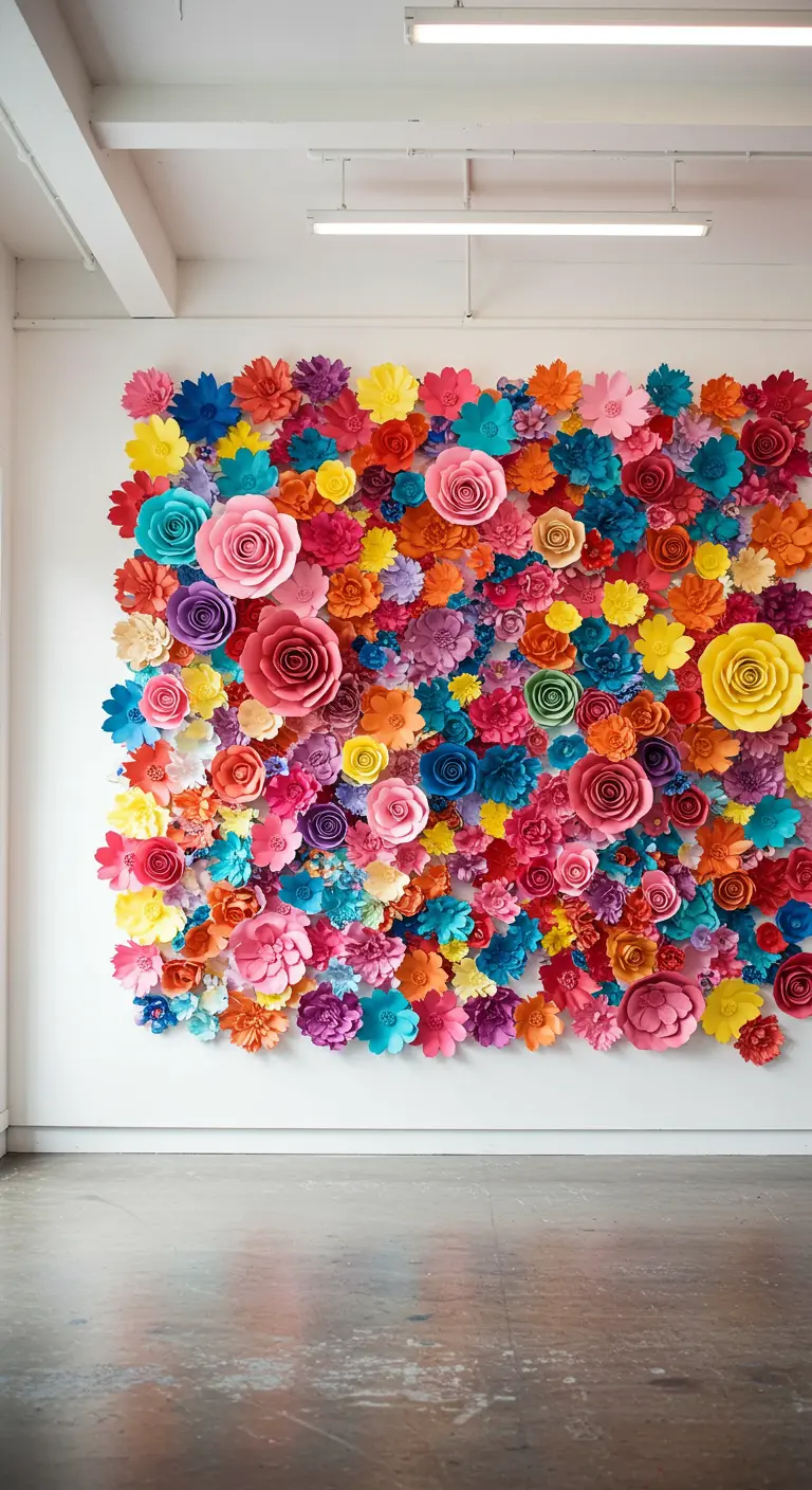 Eine weiße Wand, vollständig bedeckt mit bunten Papierblumen in verschiedenen Größen.