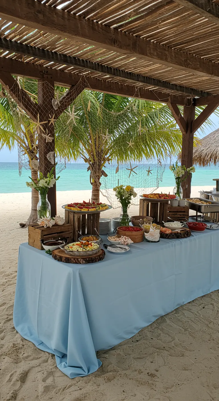 Buffet-Tisch am Strand unter einer Pergola, die mit Fischernetzen und Seesternen dekoriert ist.