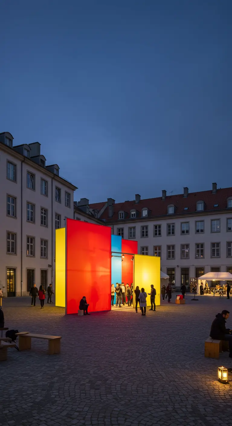 Große, leuchtende Wände in Rot, Gelb und Blau bilden eine begehbare Lichtinstallation.