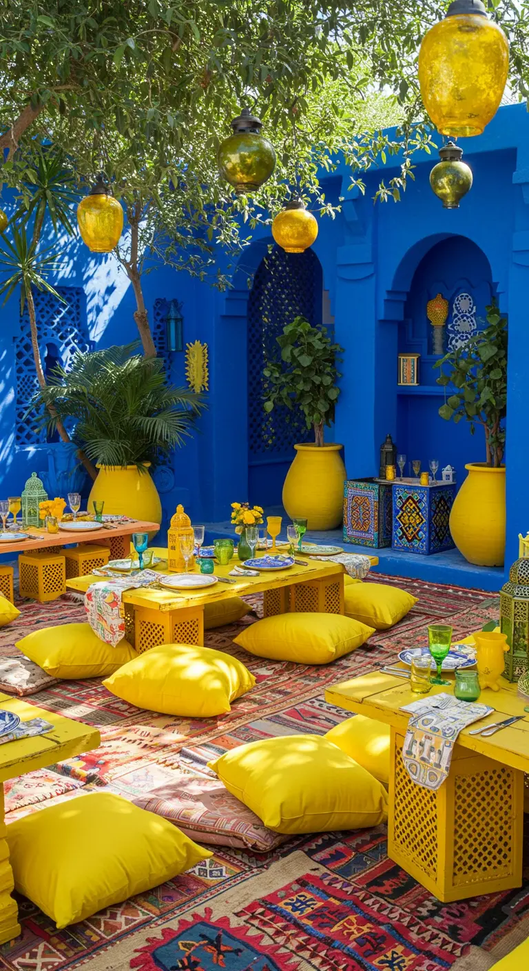 Gartenparty in leuchtendem Blau und Gelb, mit gelben Tischen und blauen Wänden.