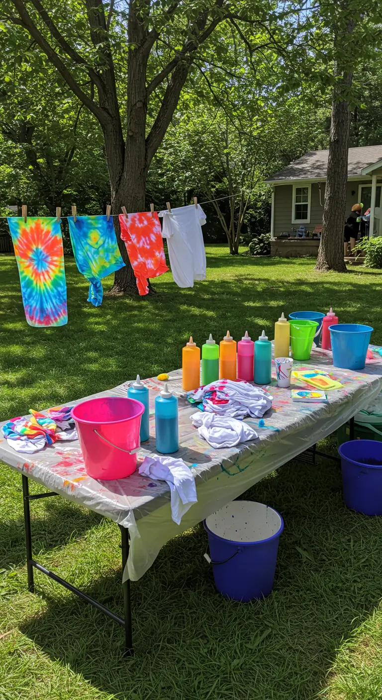 Outdoor-Batiktisch mit bunten Farbspritzflaschen, Eimern und weißen T-Shirts.