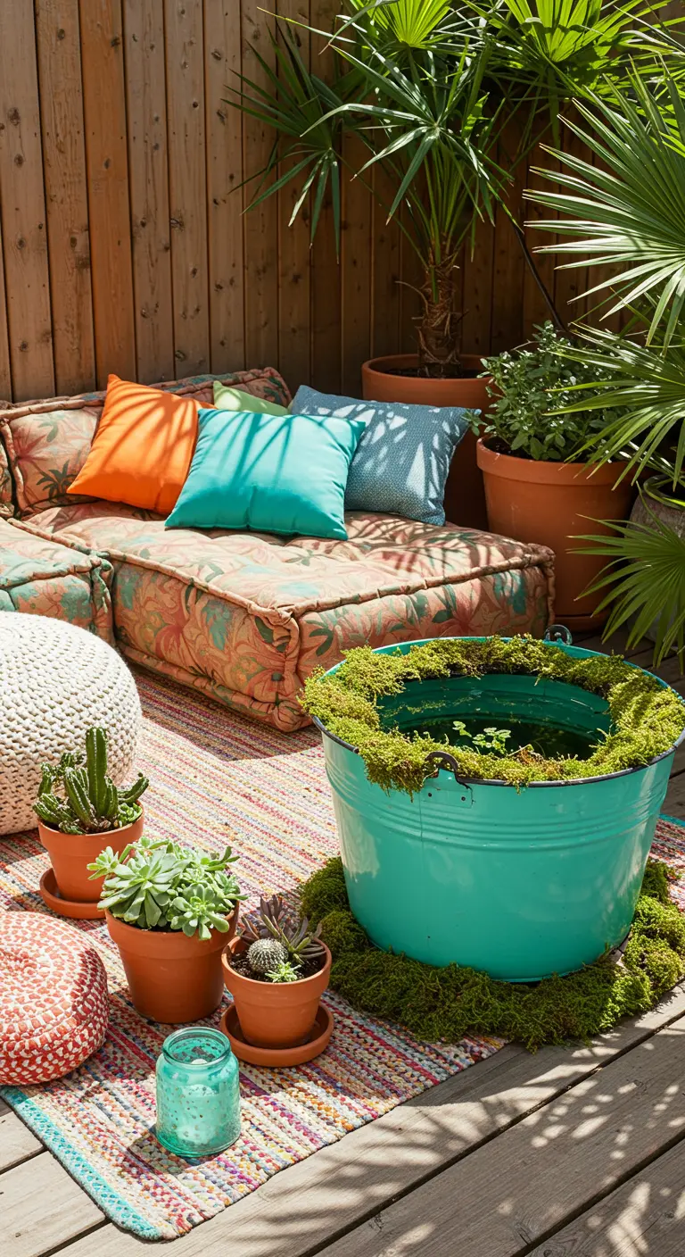 Ein türkisfarbener Eimer als Mini-Teich auf einer Terrasse mit bunten Kissen und Teppichen.