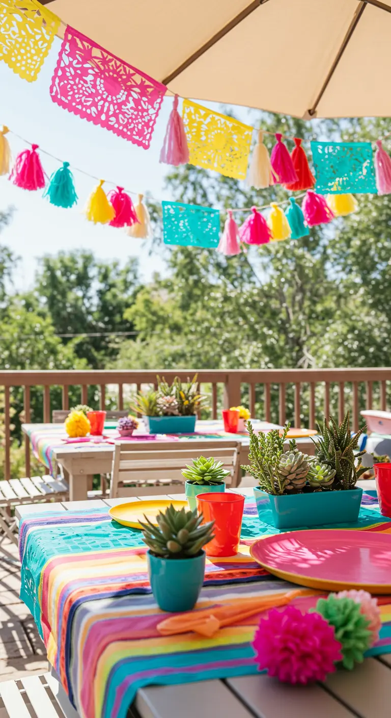 Eine bunte Papel-Picado-Girlande mit Quasten hängt über einem farbenfroh gedeckten Tisch auf einem Balkon.