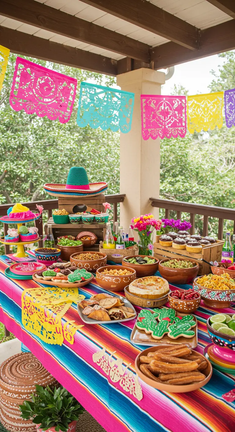 Mexikanische Fiesta-Tafel mit bunten Papel-Picado-Girlanden und Serape-Tischläufer