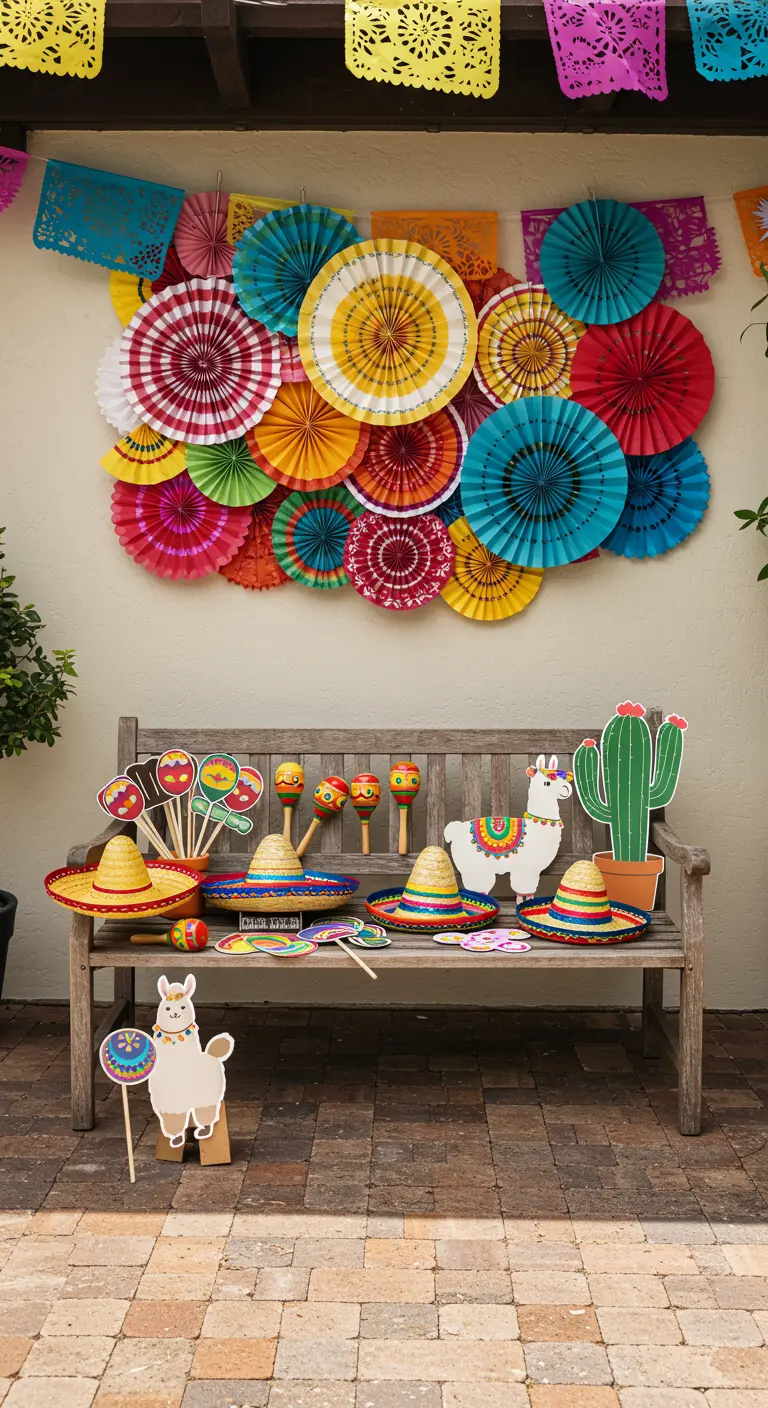 Fiesta-Photobooth mit bunten Papierfächern an der Wand und Sombreros auf einer Holzbank