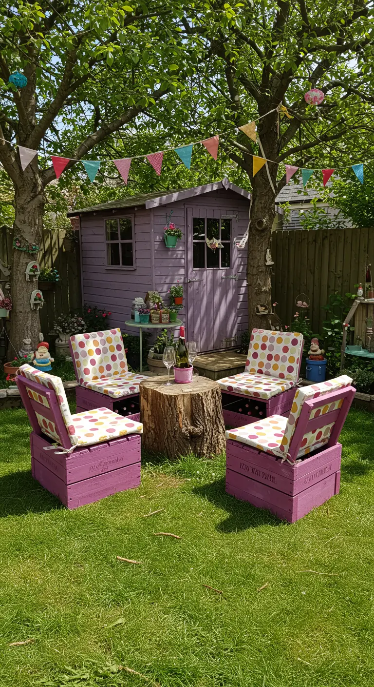 Lila gestrichene Weinkisten-Stühle mit bunten Punkt-Kissen in einem Garten.