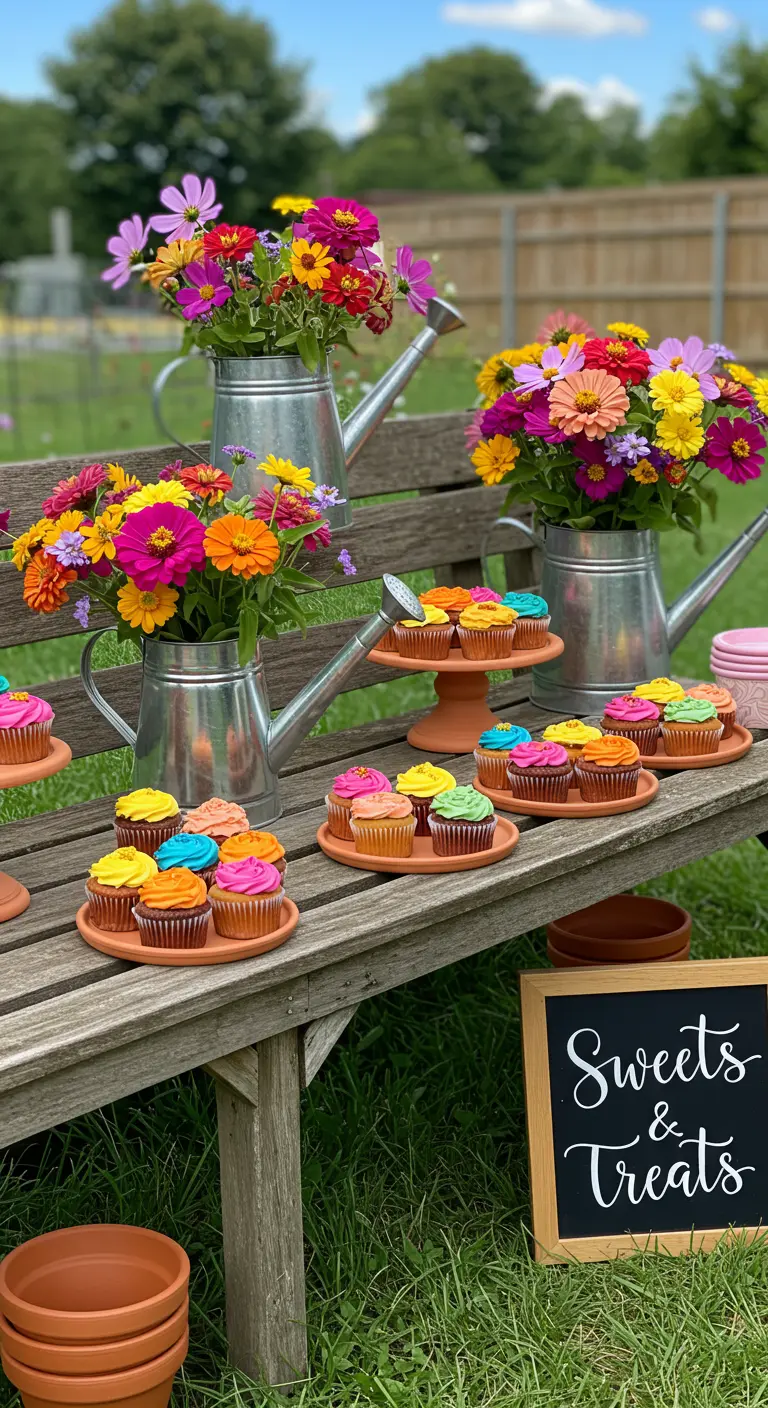 Gartenbank mit bunten Cupcakes und Zinnien in Gießkannen als Deko.