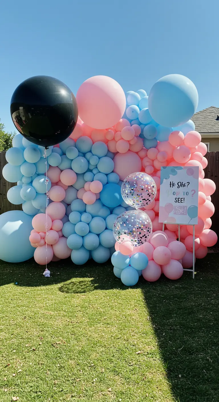 Dichte Ballonwand in Rosa und Blau mit einem großen schwarzen Ballon in der Mitte