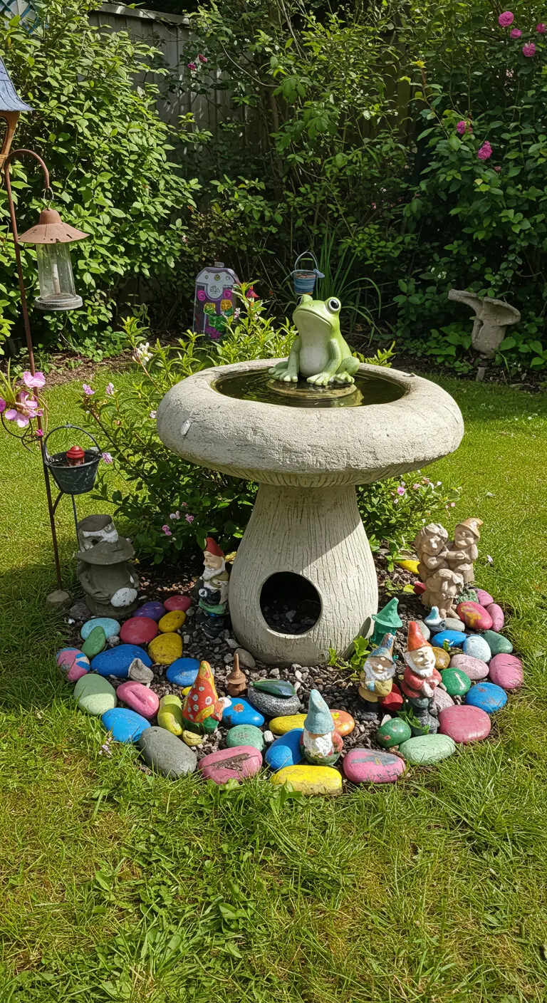 Ein Frosch sitzt auf einem Pilz-Vogelbad, das von bunt bemalten Kieselsteinen umgeben ist.
