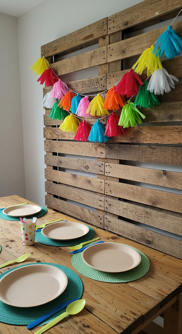 Bunte Quastengirlande aus Plastiktüten vor einer Holzwand aus Paletten.