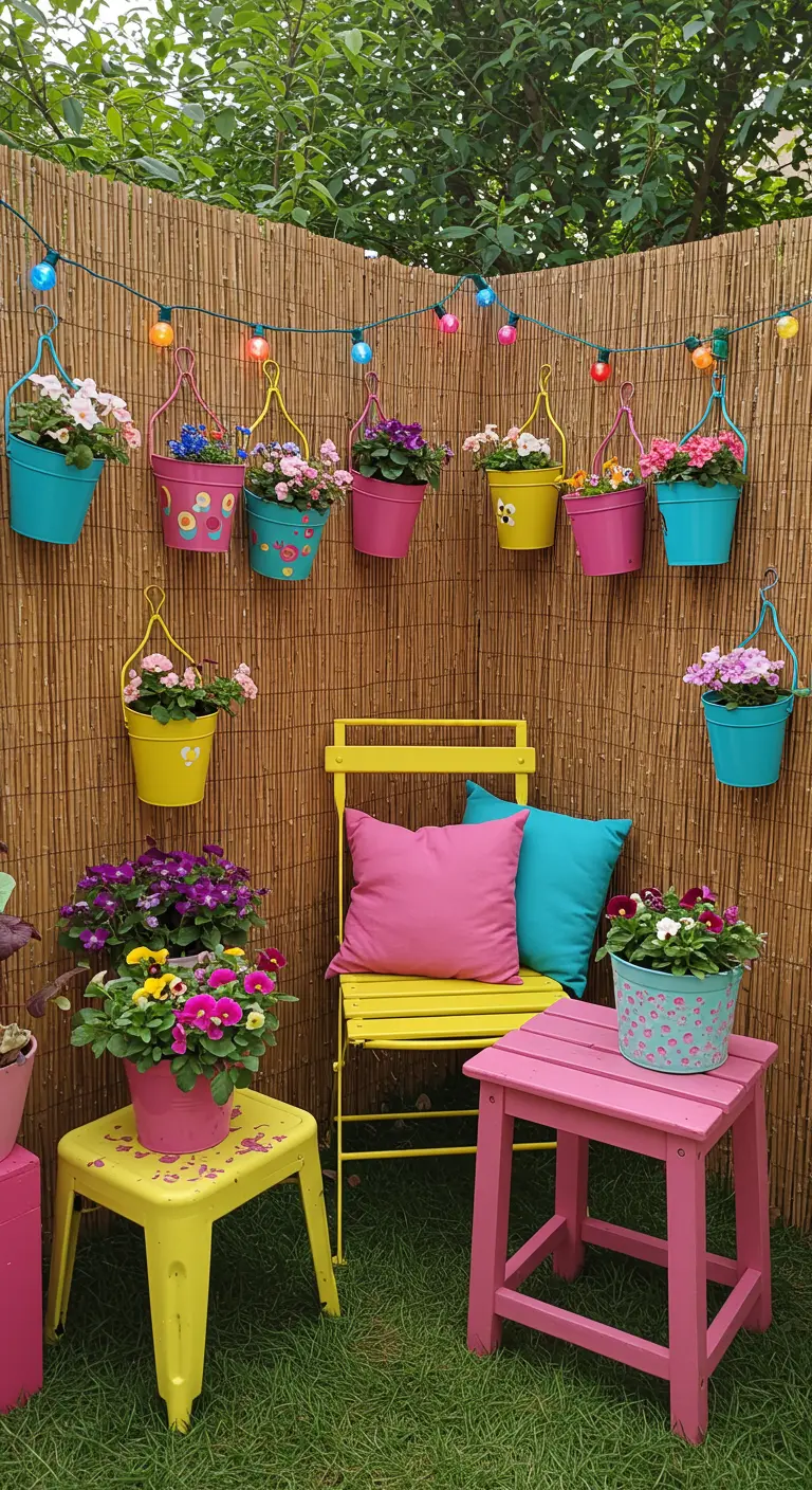 Bunte Blumentöpfe und Möbel vor einer Bambuswand, bepflanzt mit farbenfrohen Blumen.