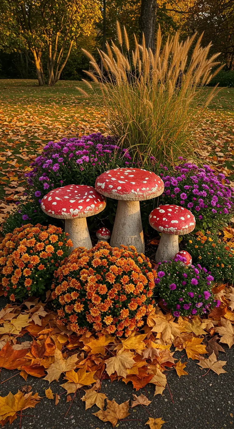 Rot-weiß bemalte Beton-Pilze umgeben von orangefarbenen und lila Herbstblumen.
