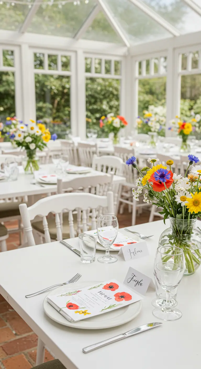 Weißer Tisch in einem Wintergarten mit bunten Wildblumen und einer Menükarte mit Mohn-Print.