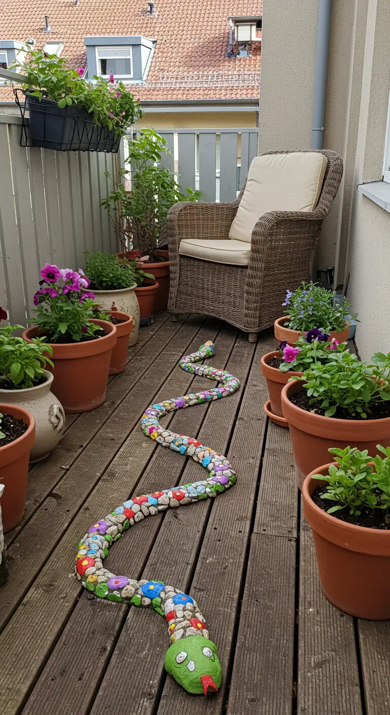 Eine bunte, mit Blumen bemalte Steinschlange auf einem Holzbalkon zwischen Pflanzkübeln.