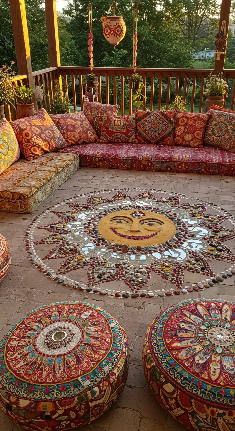 Ein sehr buntes Mosaik-Mandala mit einem Sonnengesicht, umgeben von farbenfrohen Kissen.