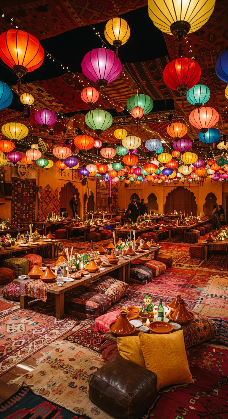 Großer Raum, dessen Decke vollständig mit bunten marokkanischen Papierlaternen bedeckt ist.