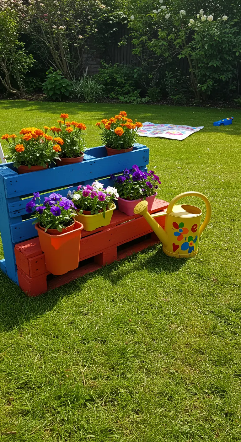 Bunt bemalte Palette mit farbenfrohen Blumentöpfen, die auf einer grünen Wiese steht.