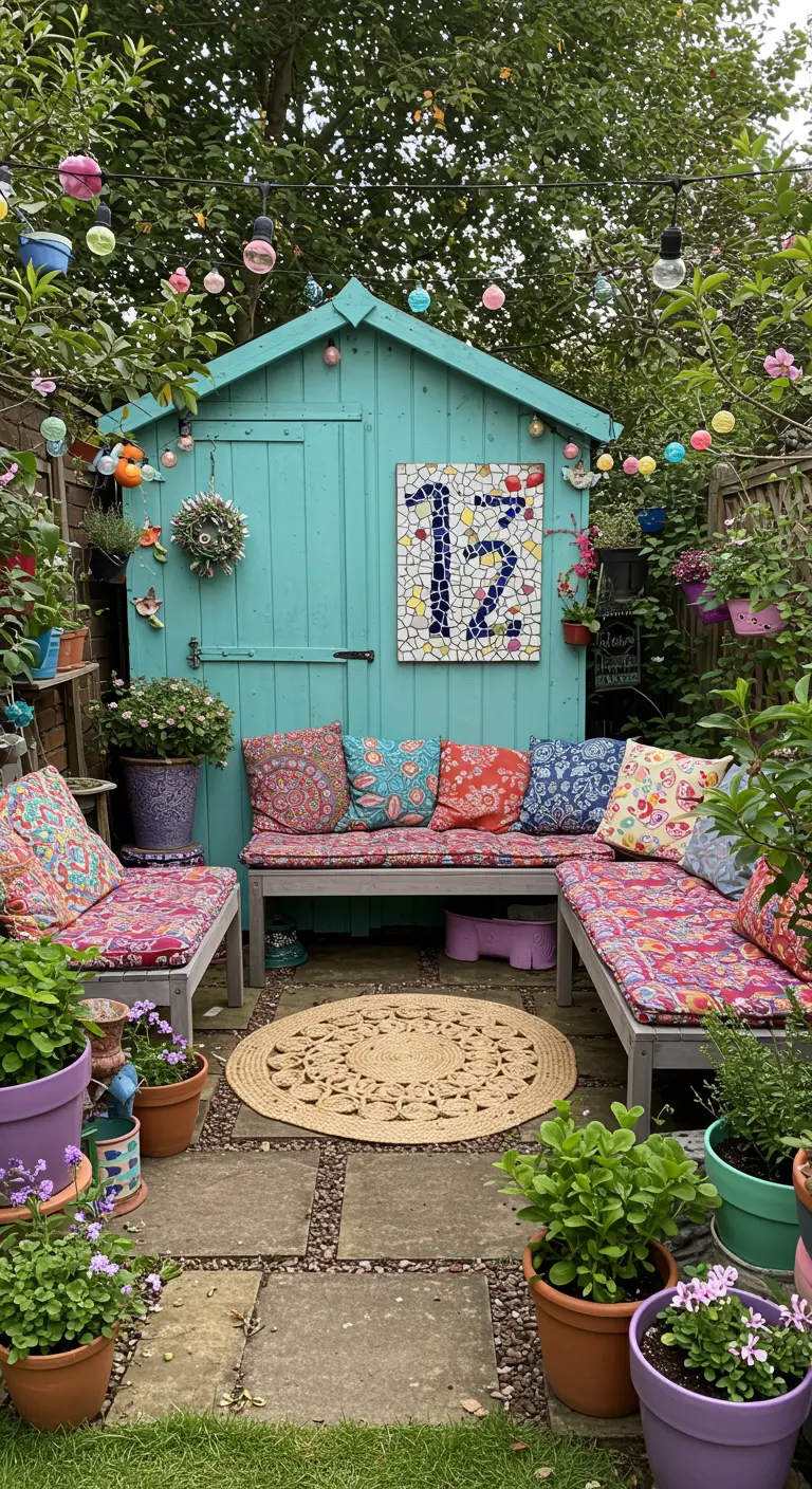 Großes, farbenfrohes Mosaik mit der Zahl 12 an einem türkisfarbenen Gartenhaus mit bunter Boho-Deko.