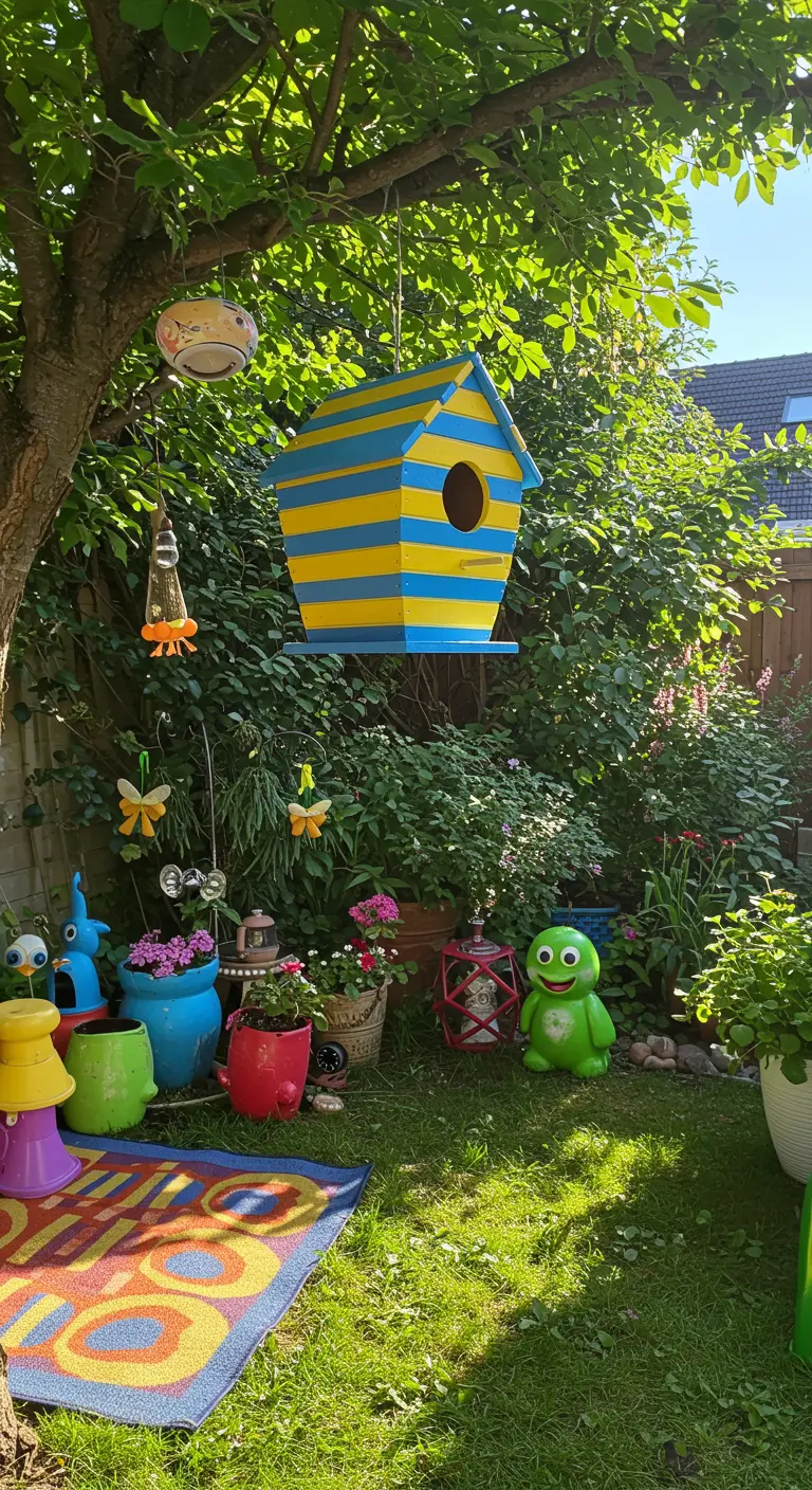 Ein Vogelhaus mit leuchtend gelben und blauen Streifen hängt in einem kinderfreundlichen Garten.