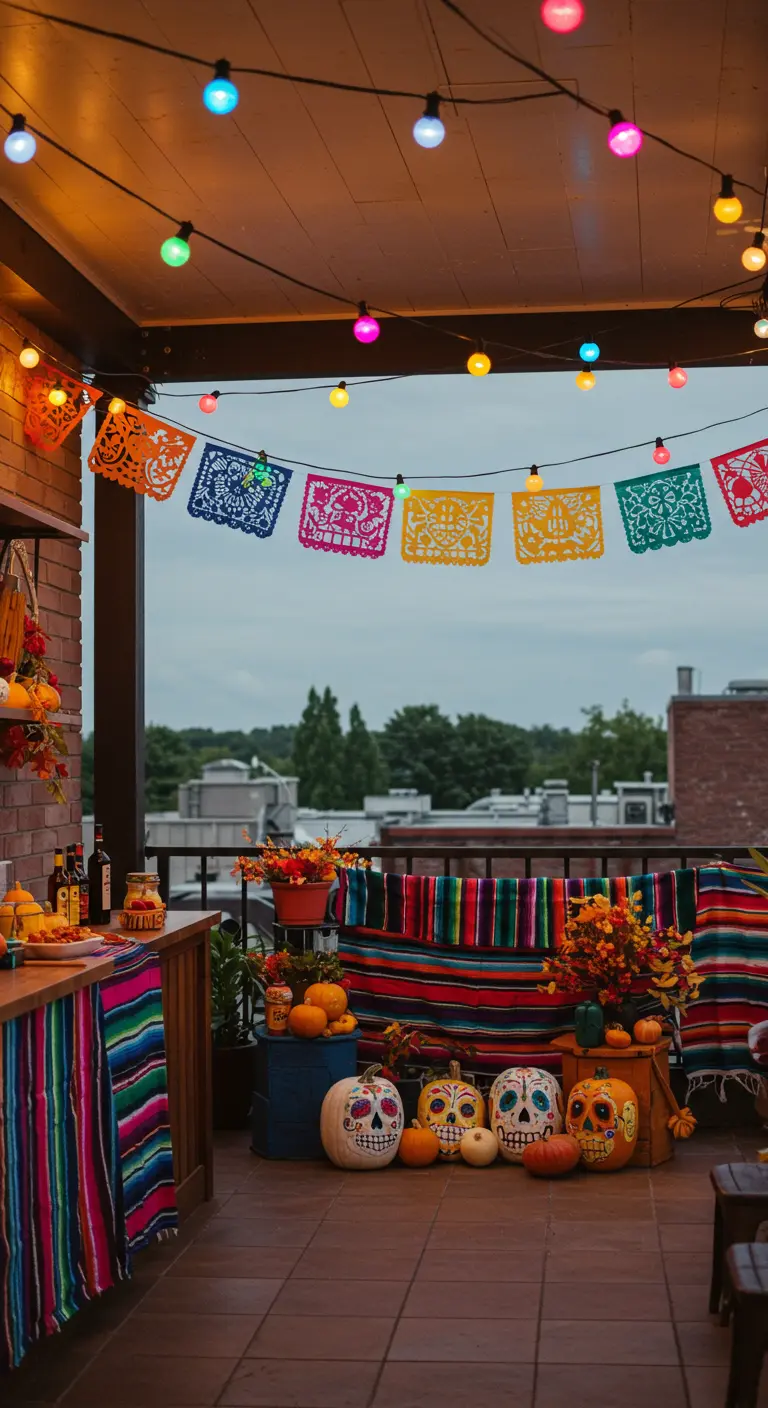 Balkon dekoriert mit bunten Lichterketten, Papel Picado und bemalten Kürbissen