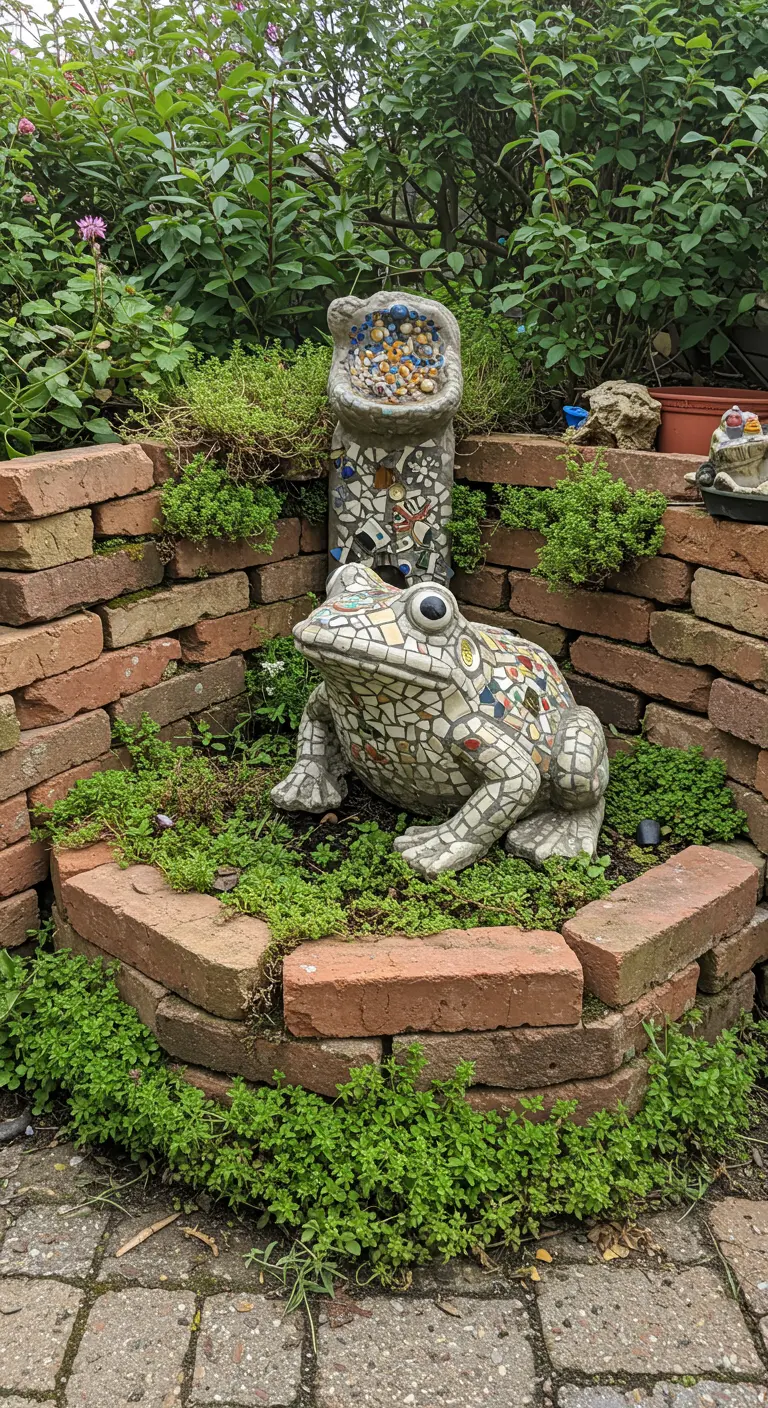 Eine große Froschfigur, verziert mit einem bunten Mosaik aus Keramikscherben.