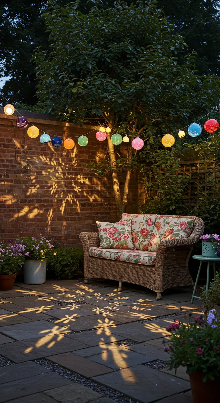 Bunte Lampions an einer Lichterkette werfen Muster auf eine Backsteinmauer im Garten.