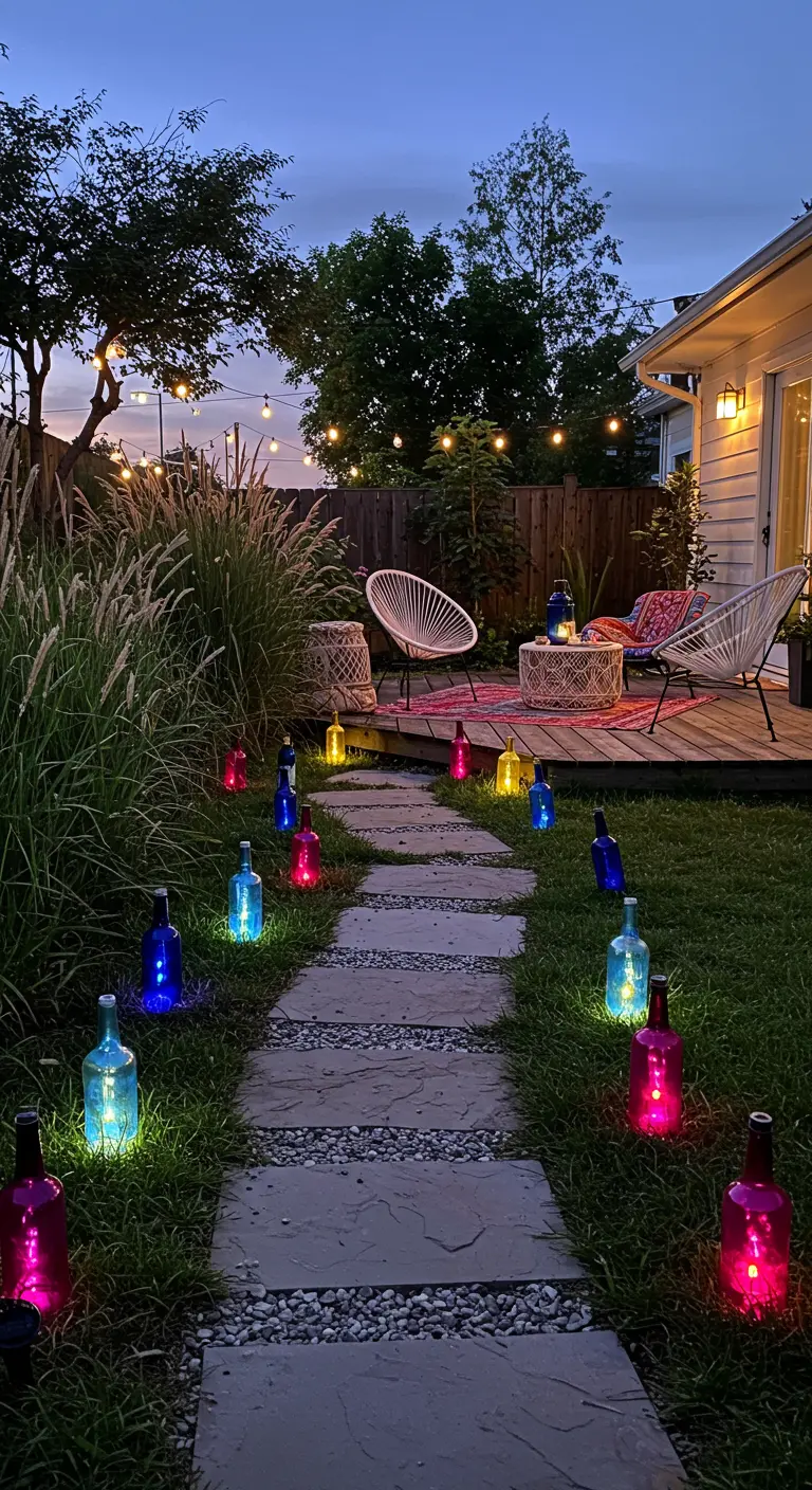 Gartenweg mit bunten Solar-Flaschenlichtern in Blau, Pink und Gelb, die im Gras leuchten.