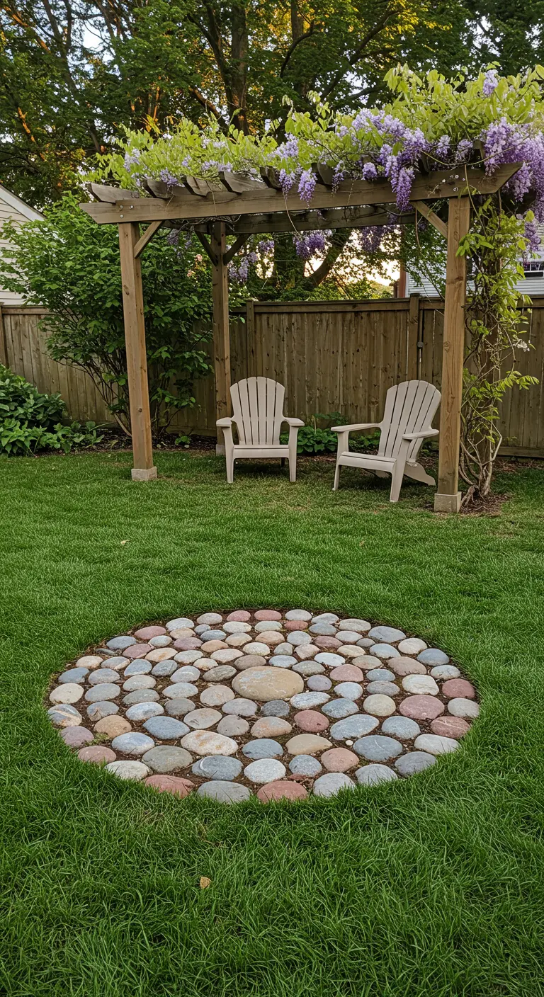 Ein flaches, rundes Mosaik aus bunten, glatten Kieseln, das bündig in eine Rasenfläche eingelassen ist.