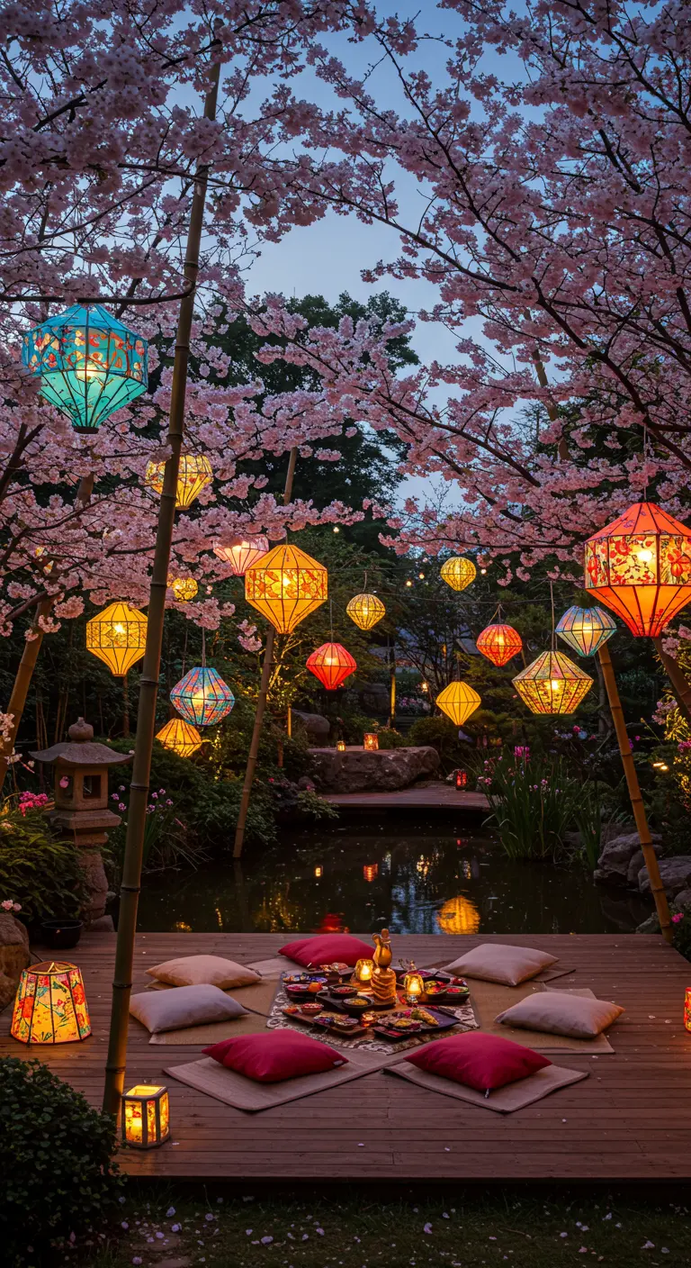 Bunte asiatische Lampions hängen zwischen Kirschblüten über einem kleinen Teich mit Sitzkissen.