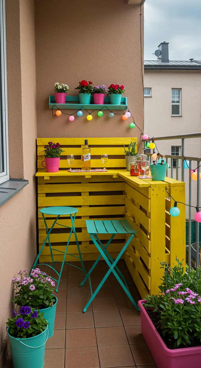 Knallgelbe Eck-Palettenbar auf einem kleinen Balkon mit bunten Hockern.