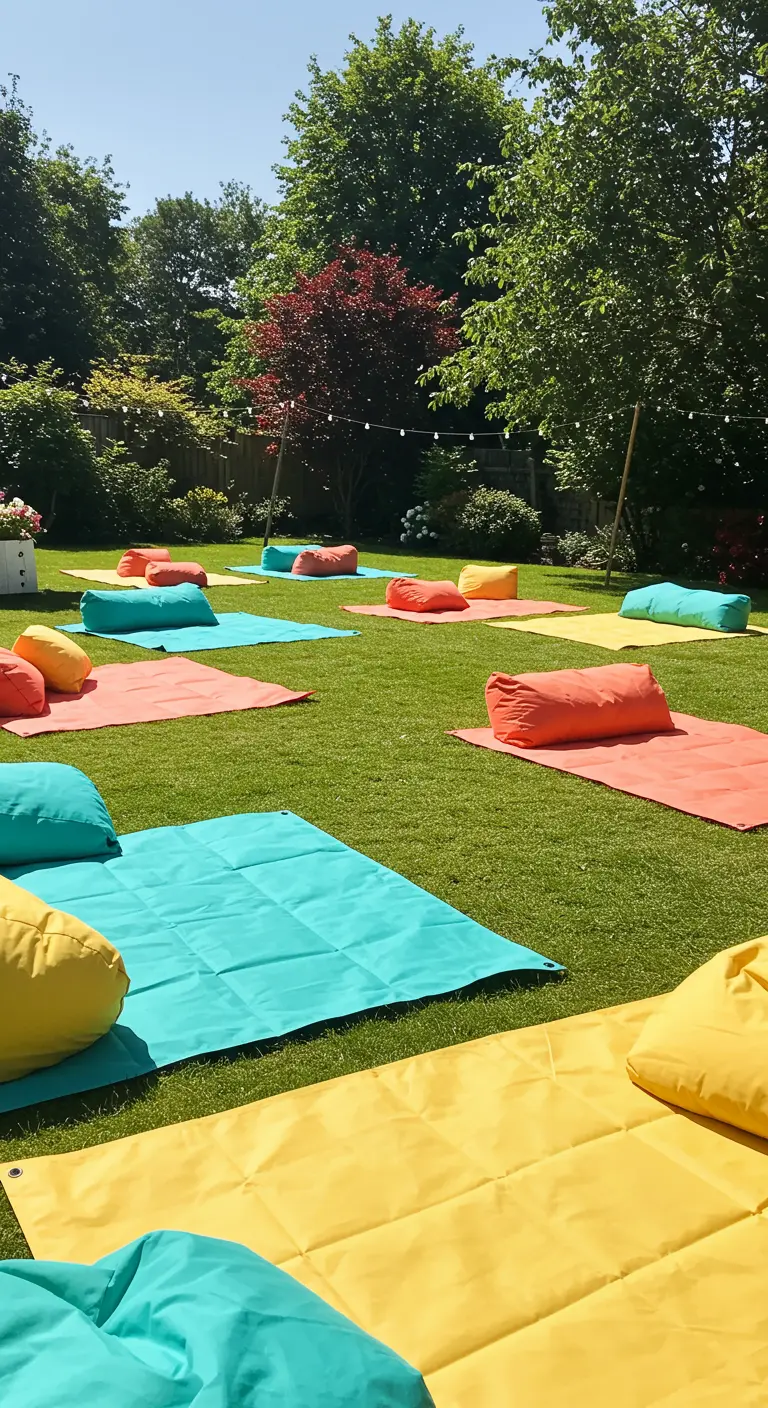 Bunte Loungematten in Gelb, Türkis und Orange auf einer Wiese verteilt.