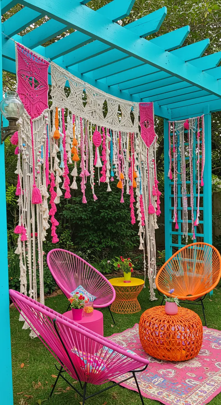 Farbenfrohe Makramee-Vorhänge mit rosa Quasten an einer leuchtend blauen Pergola.