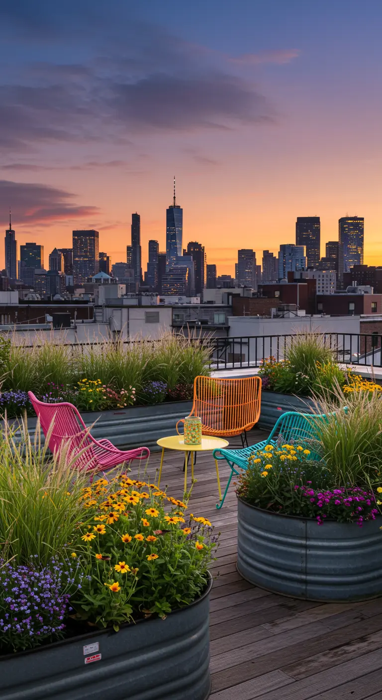 Eine blühende Dachterrasse mit bunten Stühlen und Blick auf eine Skyline.