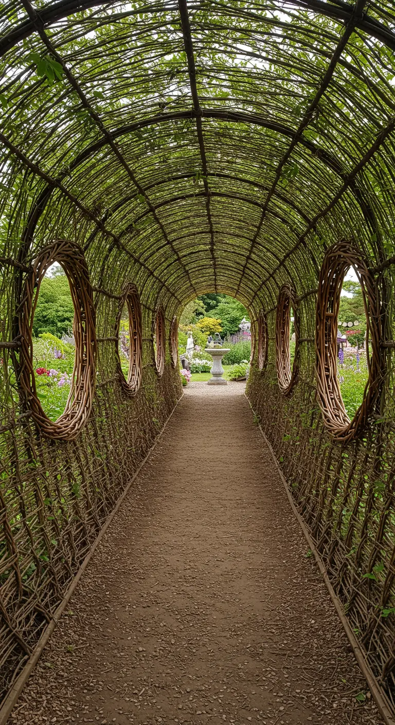 Ein langer Weidentunnel mit runden, fensterähnlichen Öffnungen in den Seitenwänden.