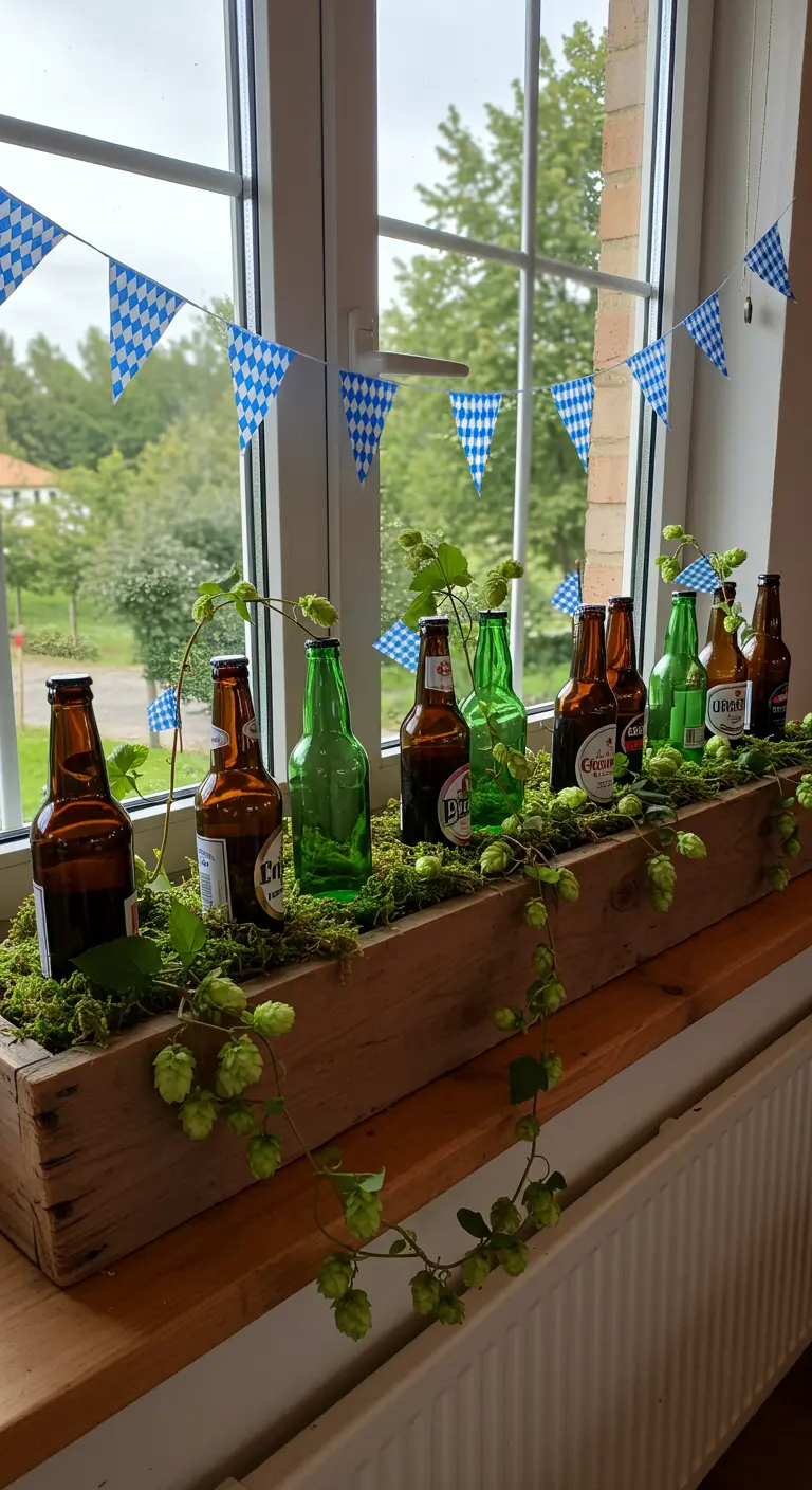 Fensterbank dekoriert mit einer Holzkiste, gefüllt mit Moos, Bierflaschen und Hopfenranken.