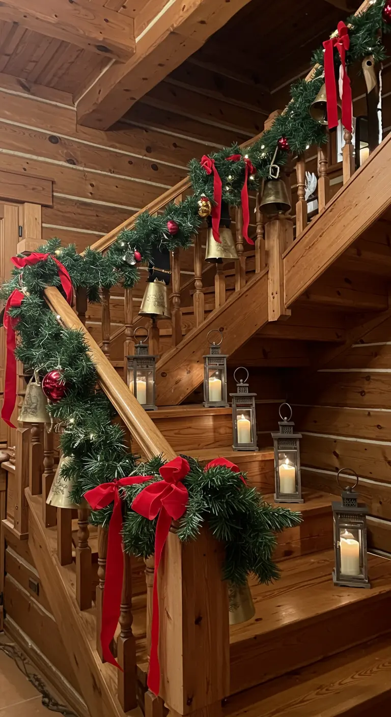 Holztreppe geschmückt mit Tannengirlanden, roten Schleifen und Laternen.