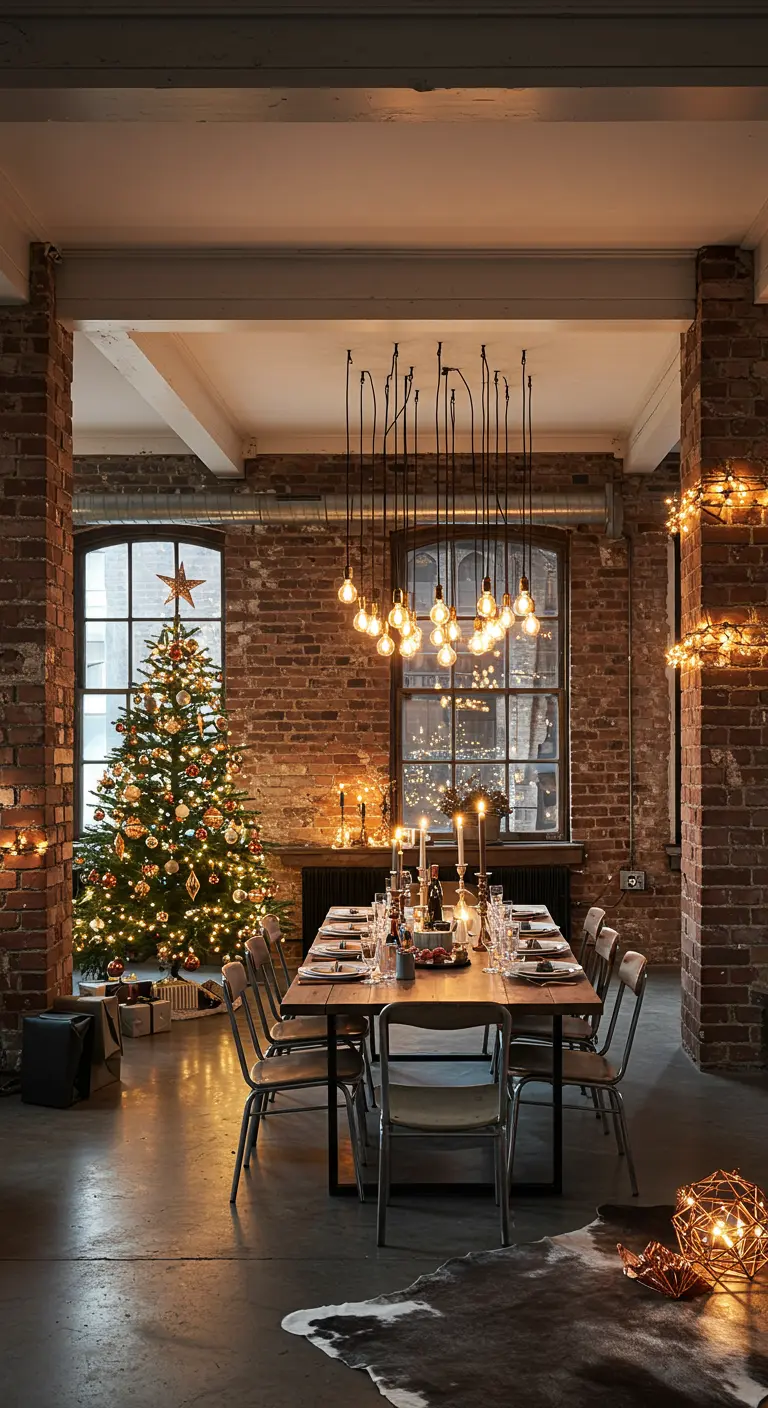 Weihnachtlich dekoriertes Loft mit Backsteinwänden, Tannenbaum und industrieller Beleuchtung