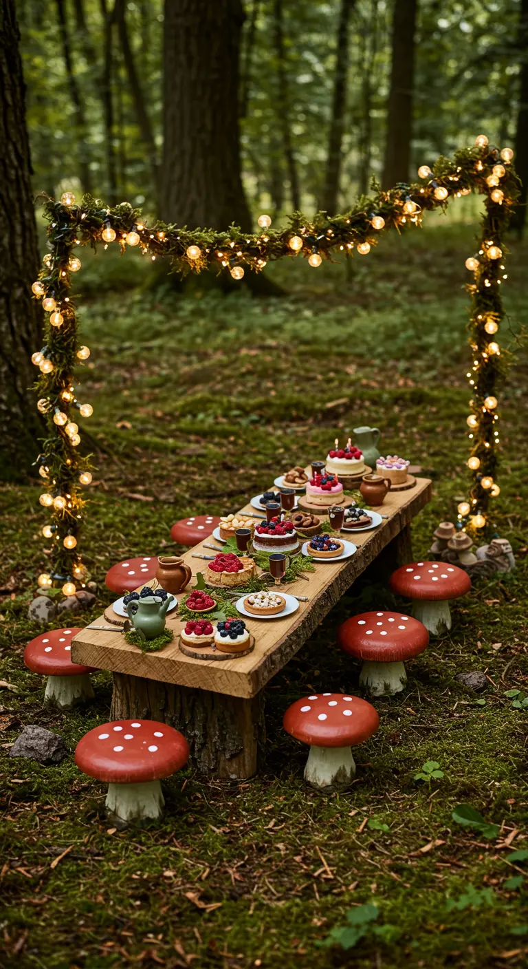 Niedriger Holztisch im Wald mit Fliegenpilz-Hockern und Lichtergirlande
