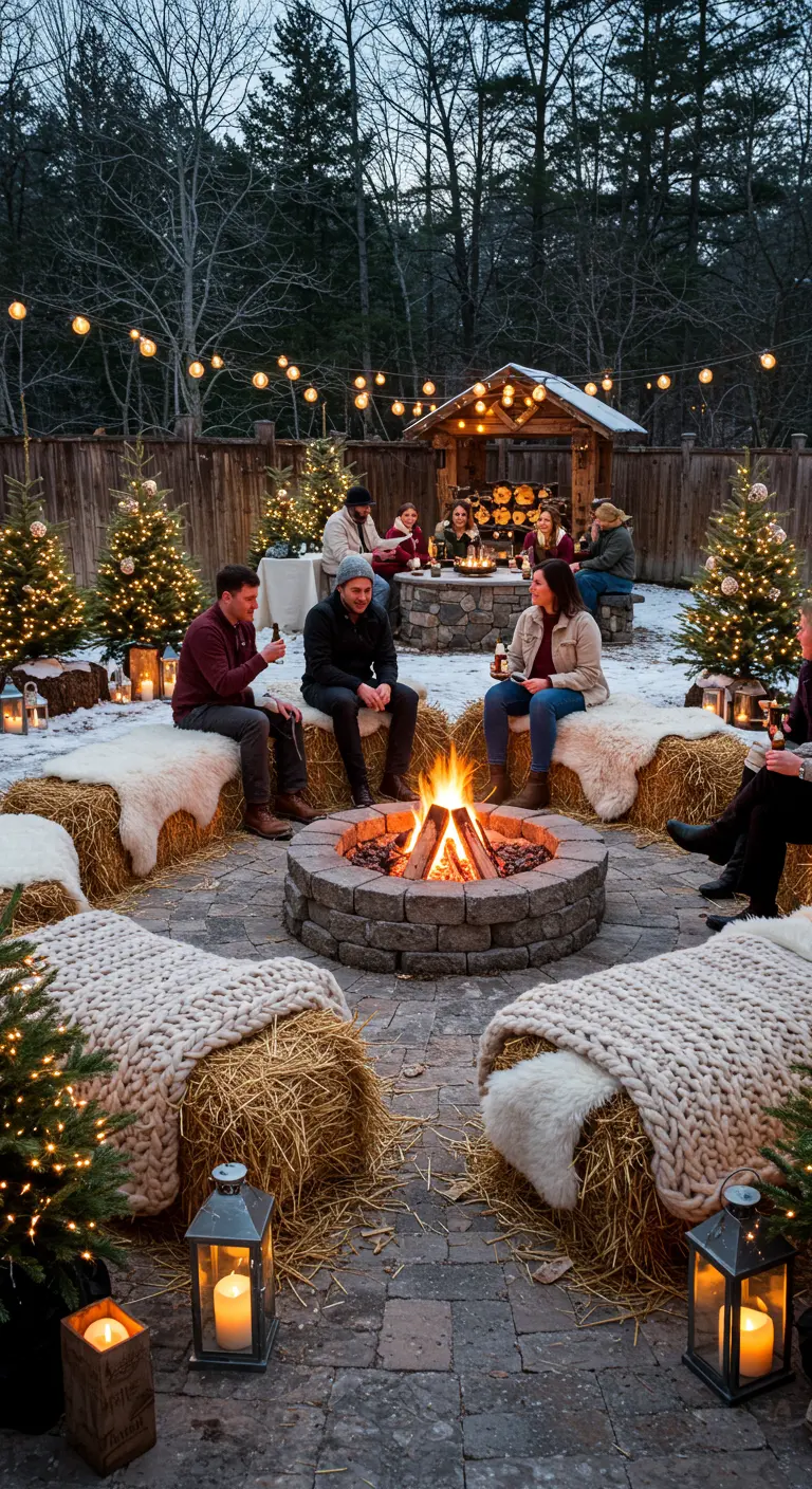 Freunde sitzen auf Strohballen mit Decken um eine Feuerstelle im Schnee.