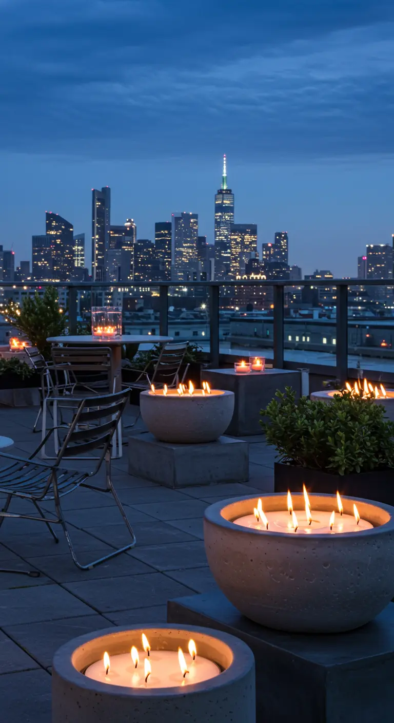 Dachterrasse bei Nacht mit großen, runden Beton-Feuerschalen, die mit mehreren Dochten brennen.