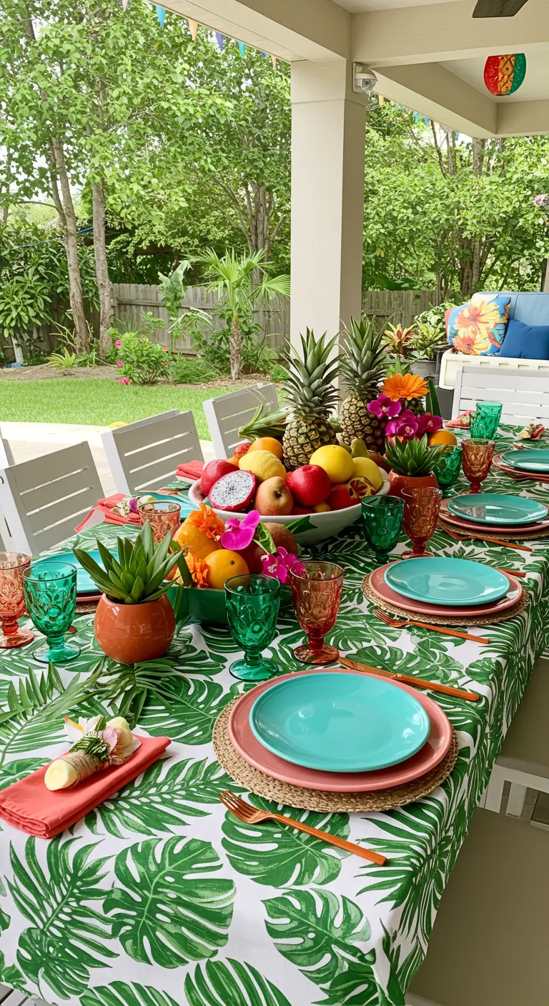 Bunte Terrassentafel mit tropischem Tischtuch, farbigem Geschirr und Obstschalen.