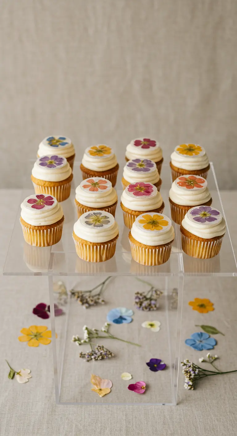 Cupcakes mit gepressten, essbaren Blüten auf einem modernen, durchsichtigen Acryl-Ständer.