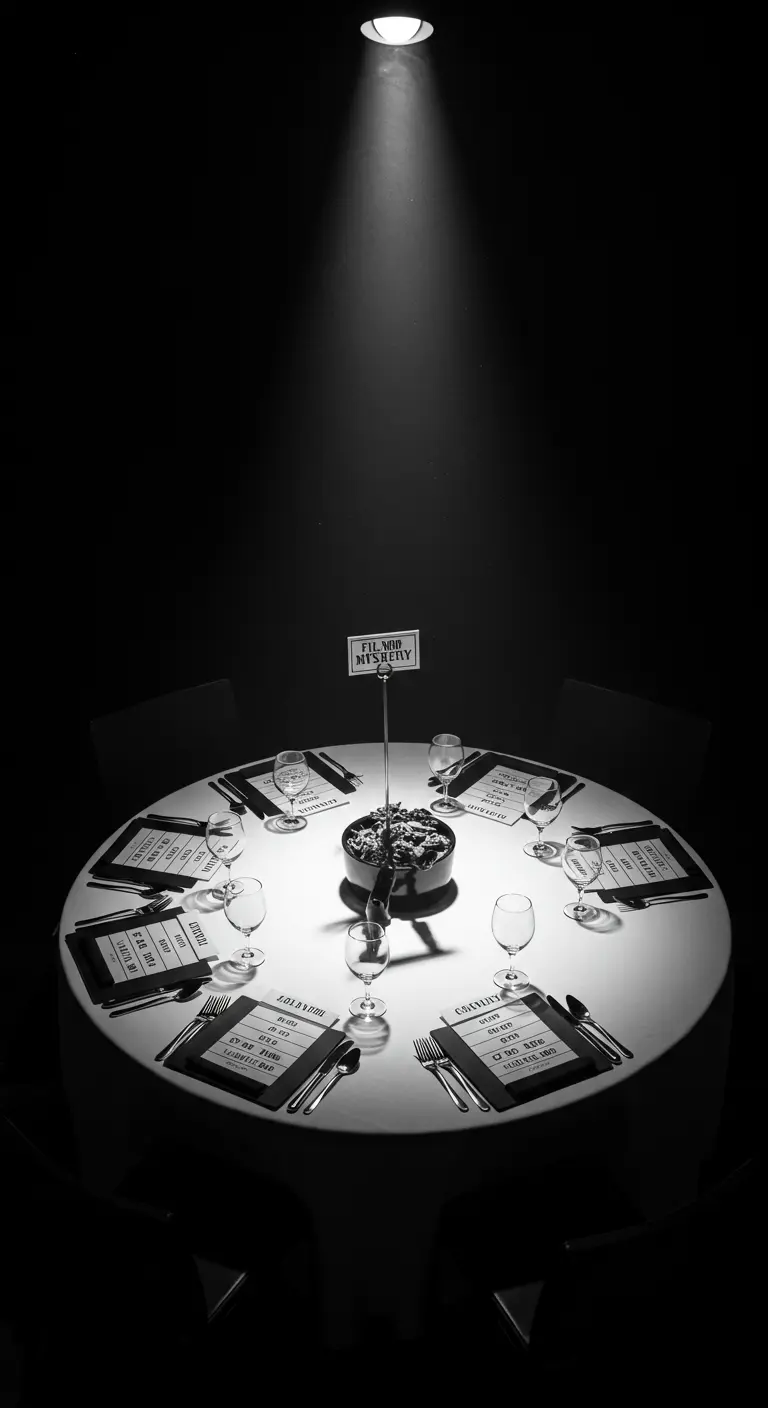 Ein runder, weiß gedeckter Tisch, der in einem dunklen Raum von einem einzelnen Spot beleuchtet wird.