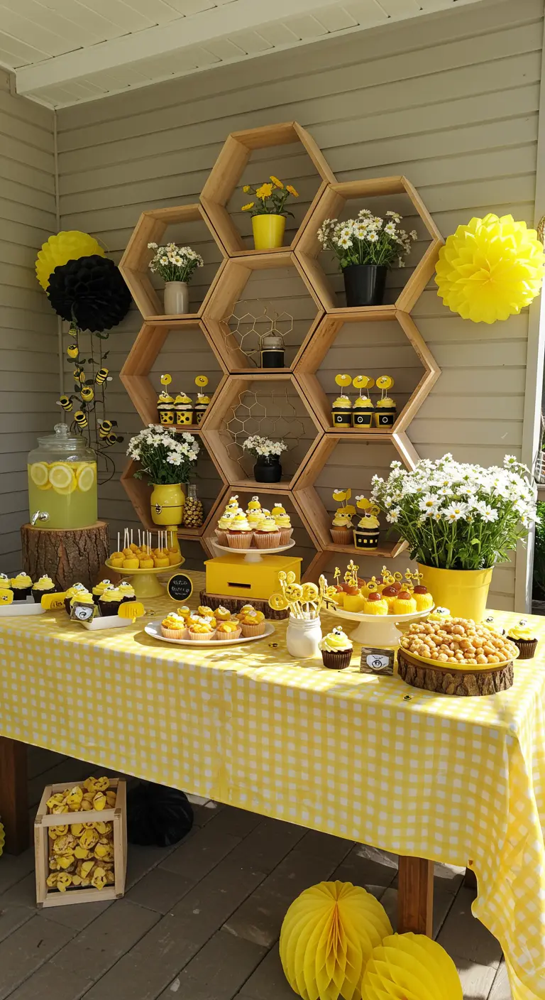 Bienen-Mottoparty-Buffet mit Wabenregal, gelb-weißer Tischdecke und vielen Blumendetails