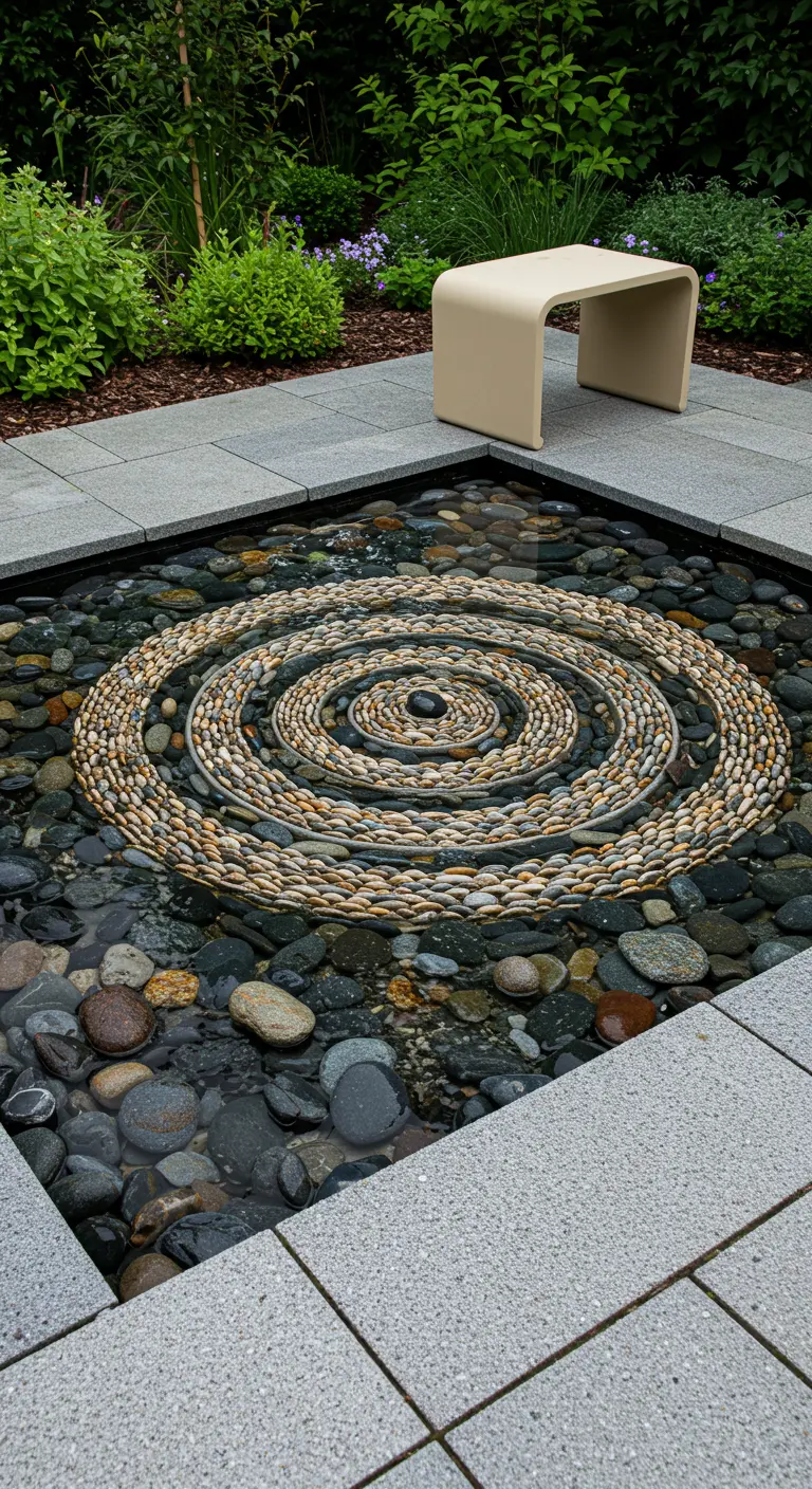 Ein spiralförmiges Kiesel-Mandala in einem modernen, quadratischen Wasserbecken.