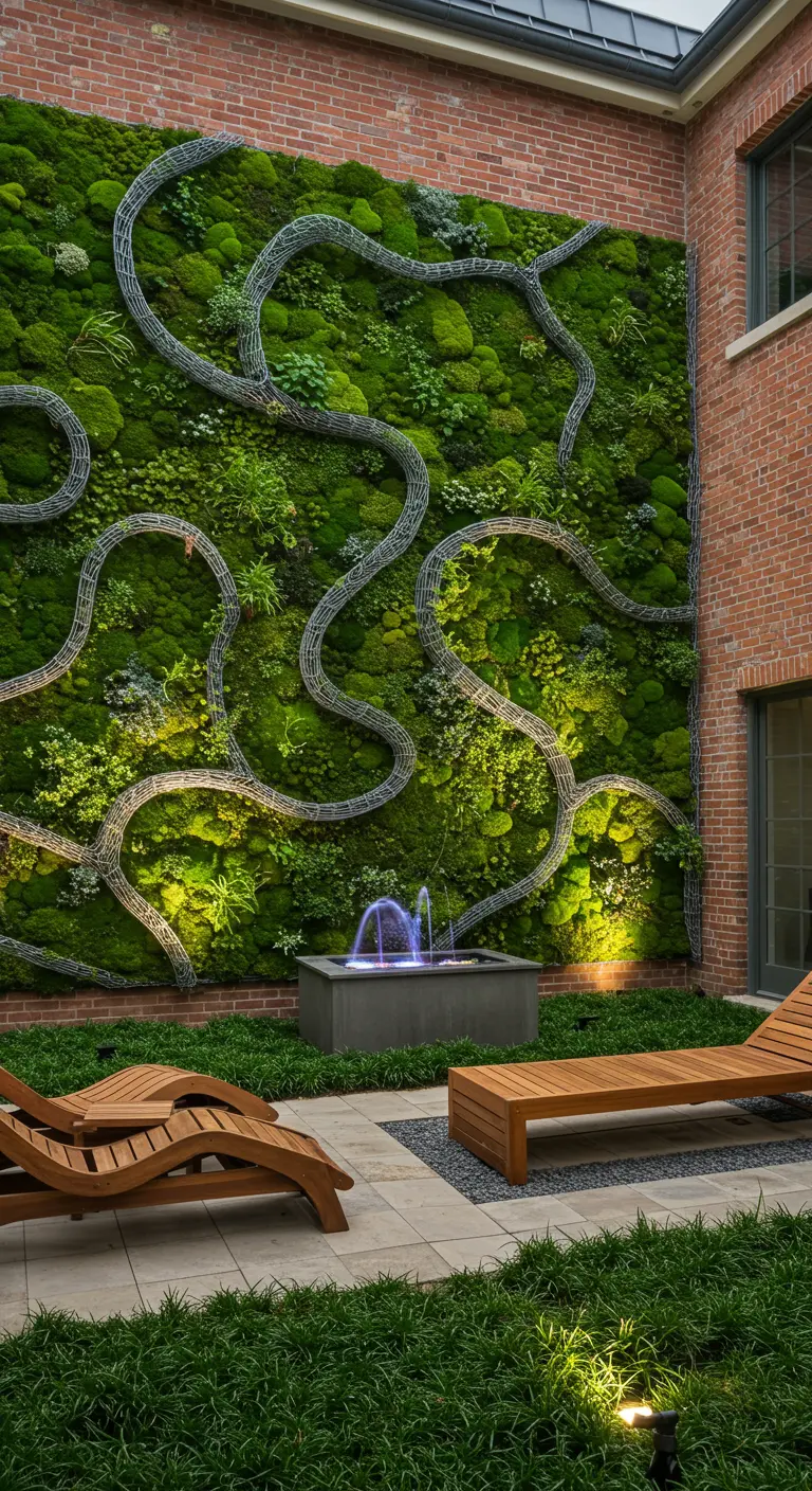 Große begrünte Wand mit wellenförmigen Drahtstrukturen und einem Brunnen.