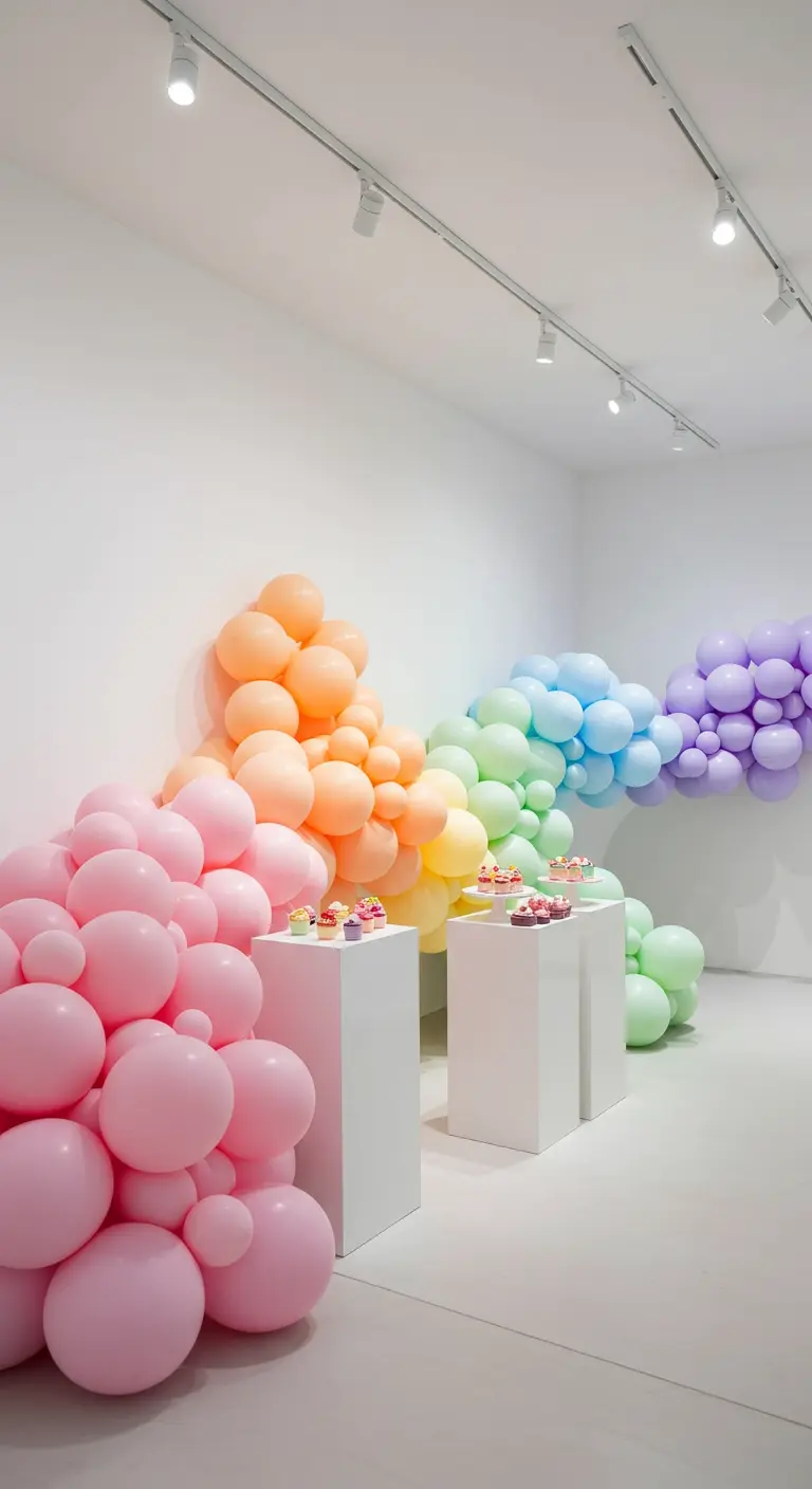 Eine lange, fließende Regenbogen-Ballongirlande an der Wand eines minimalistischen weißen Raumes.