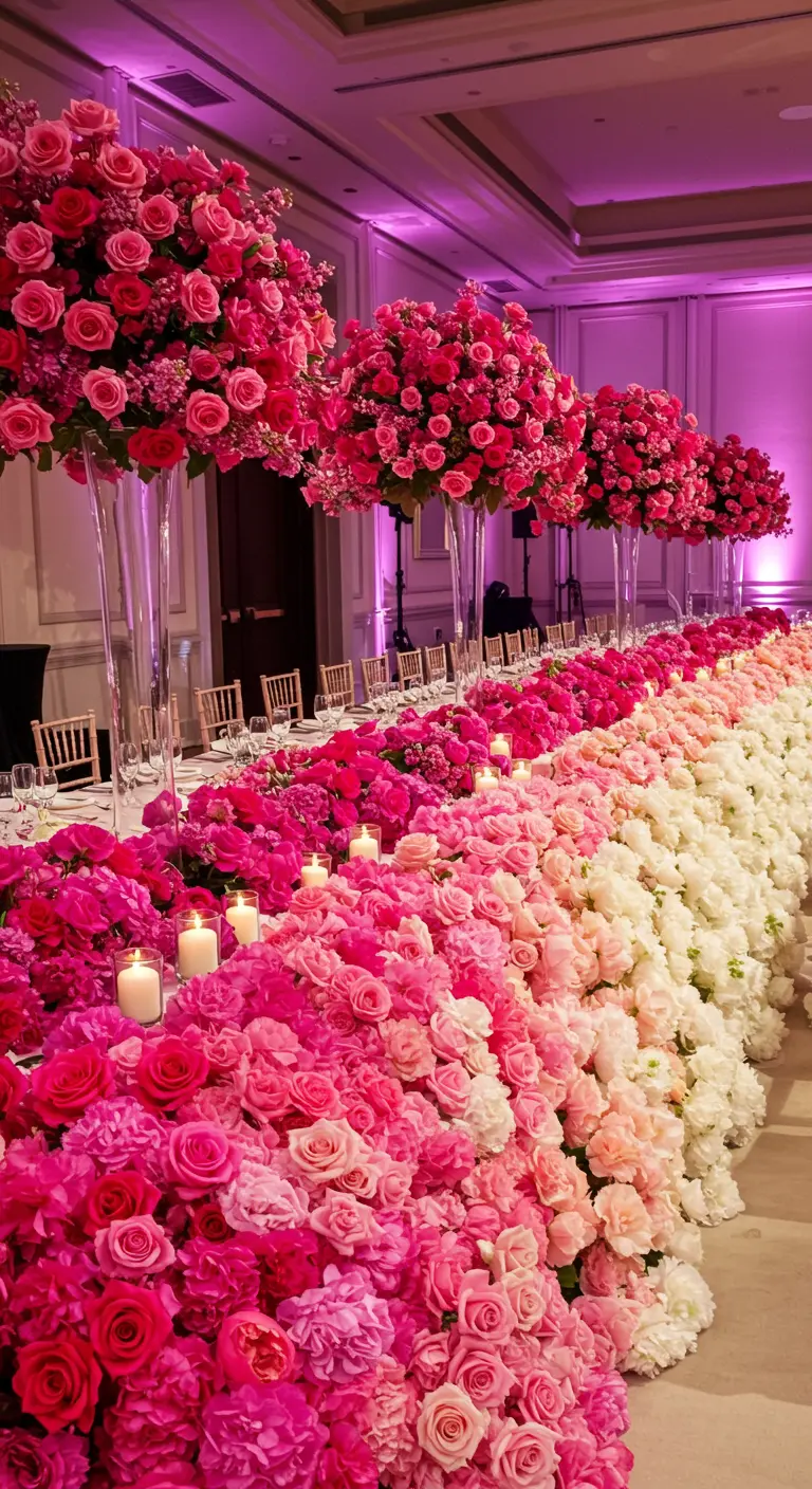 Langer Tisch, komplett bedeckt mit einem Ombré-Farbverlauf aus rosa und weißen Rosen.