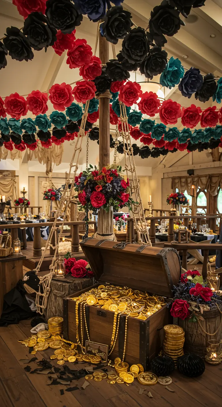 Piratenparty-Deko mit roten und schwarzen Papierblumen-Girlanden und einer Schatztruhe.
